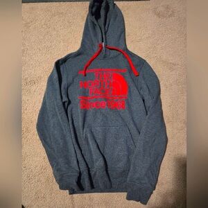 The North Face Gray Hoodie with Red Logo & Drawstrings